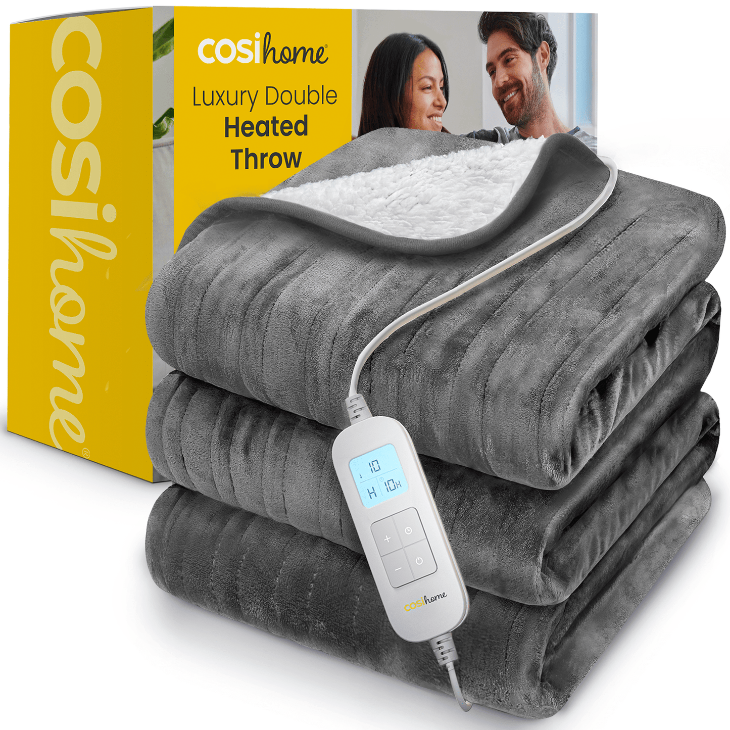 Double Fleece & Sherpa Electric Heated Throw - Grey - Levost